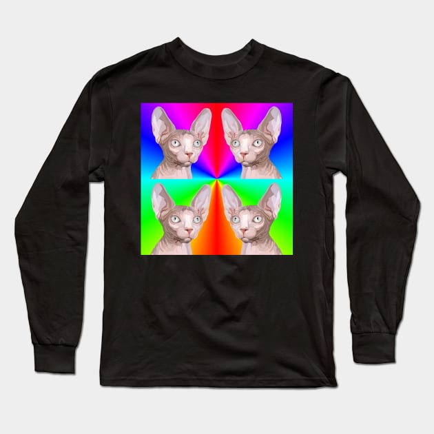 Multiple Rainbow Pop Art Sphynx Cat Faces Long Sleeve T-Shirt by Art by Deborah Camp